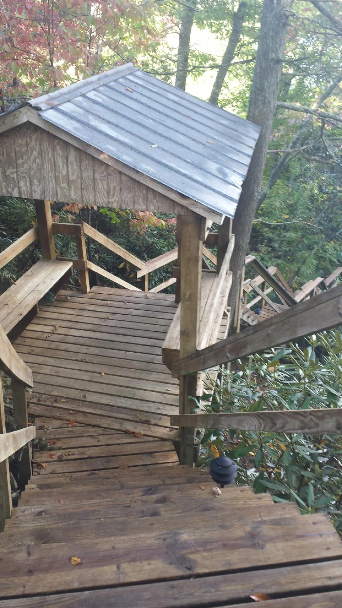 Metal roofed shelter over wooden steps on a wooded walkway — Skylight Repair & Installation work by our crew in Meridian